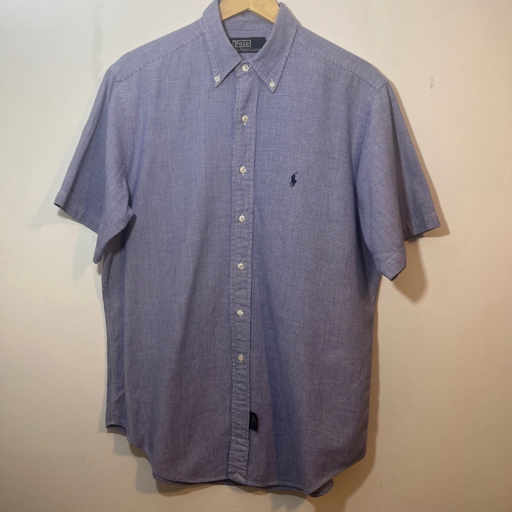 Men's Polo Ralph Lauren Blue & White Short Sleeve Button Down Shirt Size Large